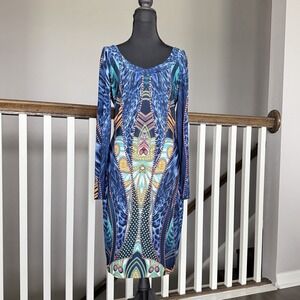 Cache Blue V Neck Leopard Geometric Print Long Sleeve Sheath Dress Abstract Sz 8